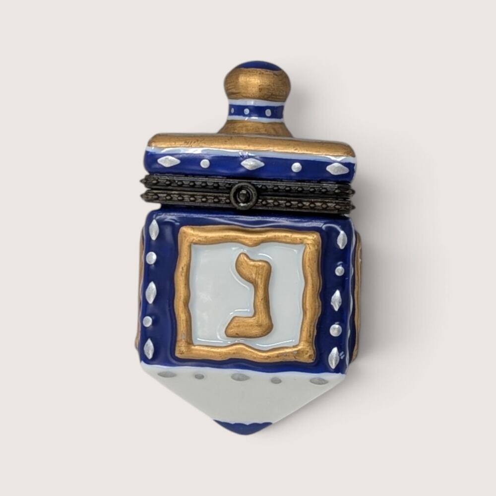 Vintage Ceramic Dreidel Hinged Trinket Box Cobalt Blue Gold Hebrew Judaica 1990s